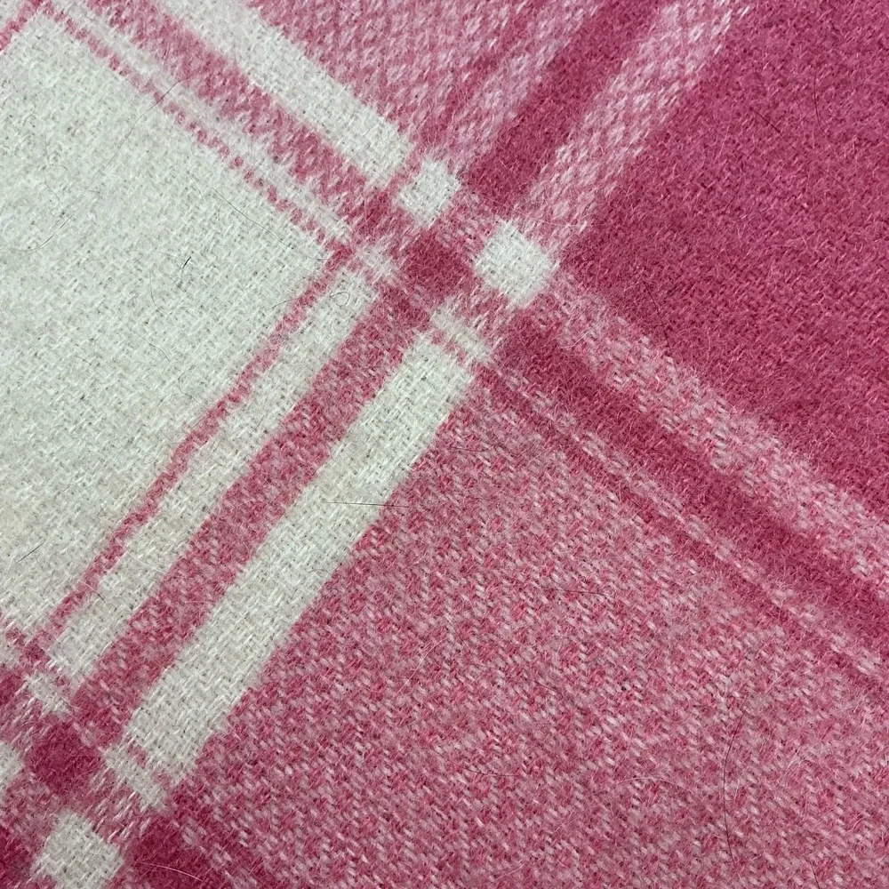Vintage pink and cream reversible plaid soft wool blanket 72x77